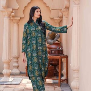 Women's Stitched linen Printed Long Shirt And Trouser Set - 2 Pcs
