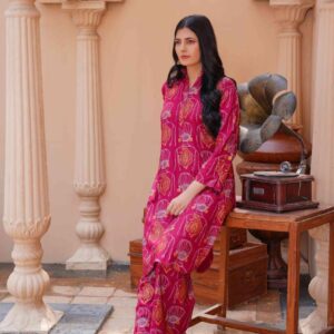Women's Stitched linen Printed Long Shirt And Trouser Set - 2 Pcs