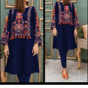 2 Pcs Women's Stitched Embroidered Linen Shirt and Trouser