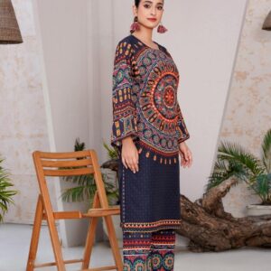 2 Pcs Women's Stitched Printed Shirt And Trouser With Mirror Work