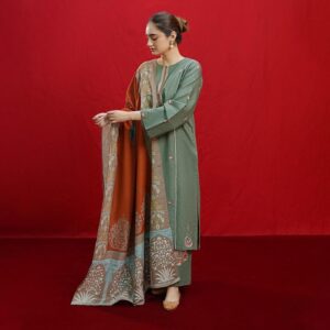 Stylish 3 Pcs Embroidered Green Suit Set with Wool Shawl