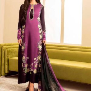 Elegant Embroidered Silk Suit with 3 Pcs in Purple
