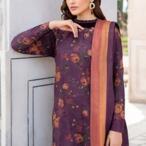 Stunning 3 Pcs Printed Lawn Suit with Digital Print and Lace Work in Purple