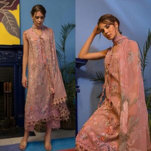 3 Pcs Embroidered Printed Pink Lawn Suit with Lace Work and Chiffon Dupatta