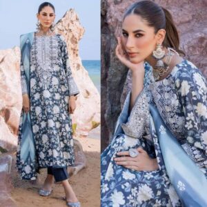 Elegant Blue Printed Suit with Embroidered Accents - 3 Pcs Ensemble