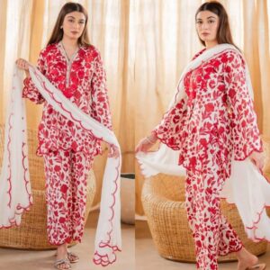 Stylish Pink Printed Suit with Embroidered Details - 3 Pcs Set