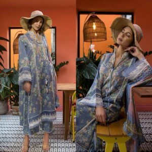 Stylish Blue 3 Pcs Embroidered Lawn Suit with Printed Details