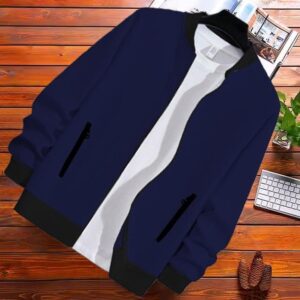 Men's Fleece Bomber Jacket - 1 Pc Blue, Plain Pattern